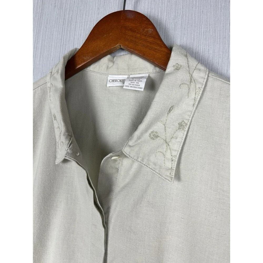 Linen Cotton Short Sleeve Button Down Embroidered Collar Cherokee XL - Picture 4 of 7